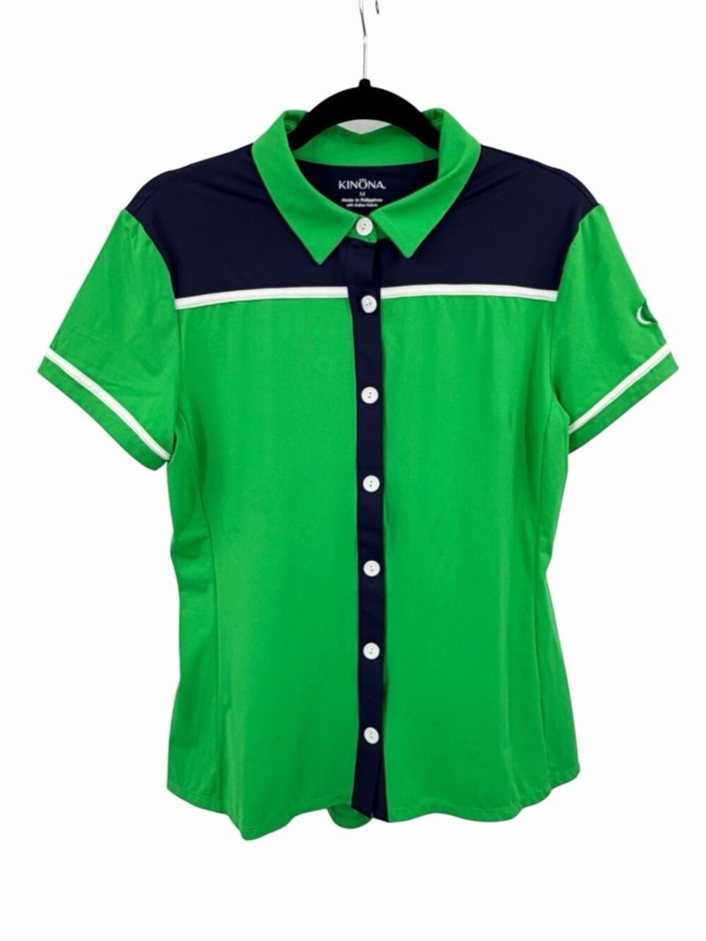 KINONA Women's Green Blue Embroidered Country Club Button Front Golf Shirt Med
